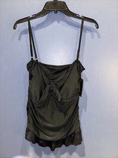 XL Womens Black Tankini Swim Top, Tie Front, Ruffled, Adjustable Straps, NWT
