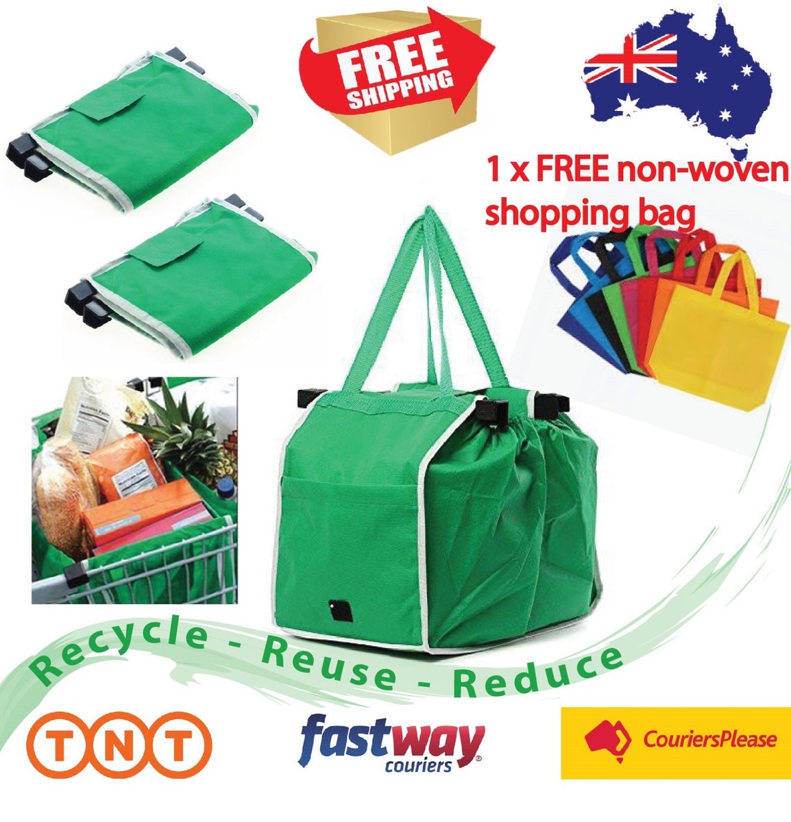 Reusable Shopping Bags Green Eco Foldable Handle Bag Grocery Cart