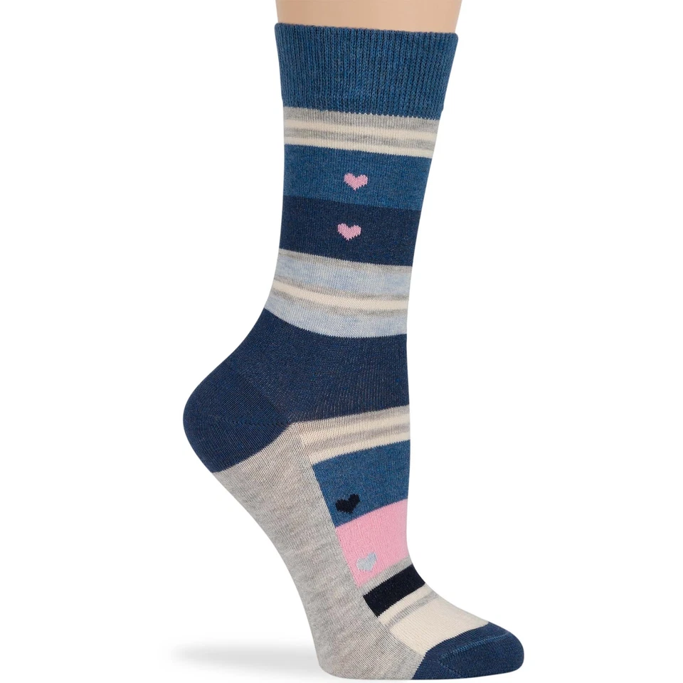 Women Cotton Crew Socks-4 Pack Medium- Heart-Stripe -Denim Blue Pink Grey - Image 4 of 4