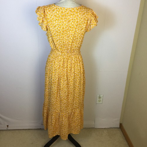 Antiguo Vestido Azul Marino Midi Envolvente Talla S Mujer Amarillo Floral Cuello en V Cintura Elástica Cinturón - Imagen 2 de 16