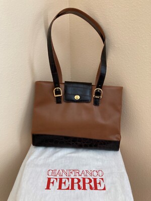 Gianfranco Ferre Tan Brown Leather & Crocodile Trim Tote Bag 15'' x 11'' x 5'' -New