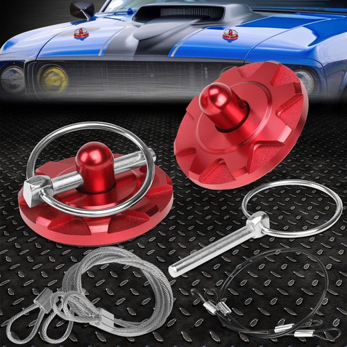 PAIR RED 60MM X 28MM ALUMINUM JDM COSMETIC MODS BILLET HOOD PIN CABLES