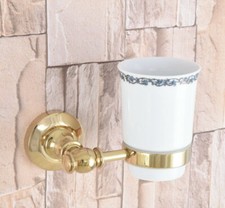 Golden Brass Bathroom Wall Mount Toothbrush Holder With One Ceramic Cup 2ba308