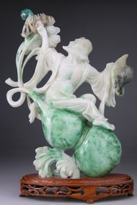ANTIQUE CHINESE STATUE FIGURE IMMORTAL SERPENTINE JADE CARVED STAND - 19TH 20TH