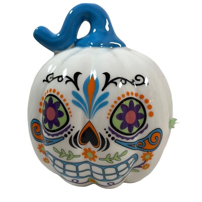 Day of The Dead Pumpkin Decor White Ceramic Skull Blue Stem Halloween 7'' x 6''