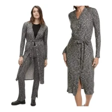 Michael Stars Isa Ribbed Cardigan Sleek Midi Dress 2X Luxe Jasper Black Gray
