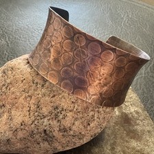 Wide Pure Copper Concave Cuff, Embossed Pattern Artisan Bracelet