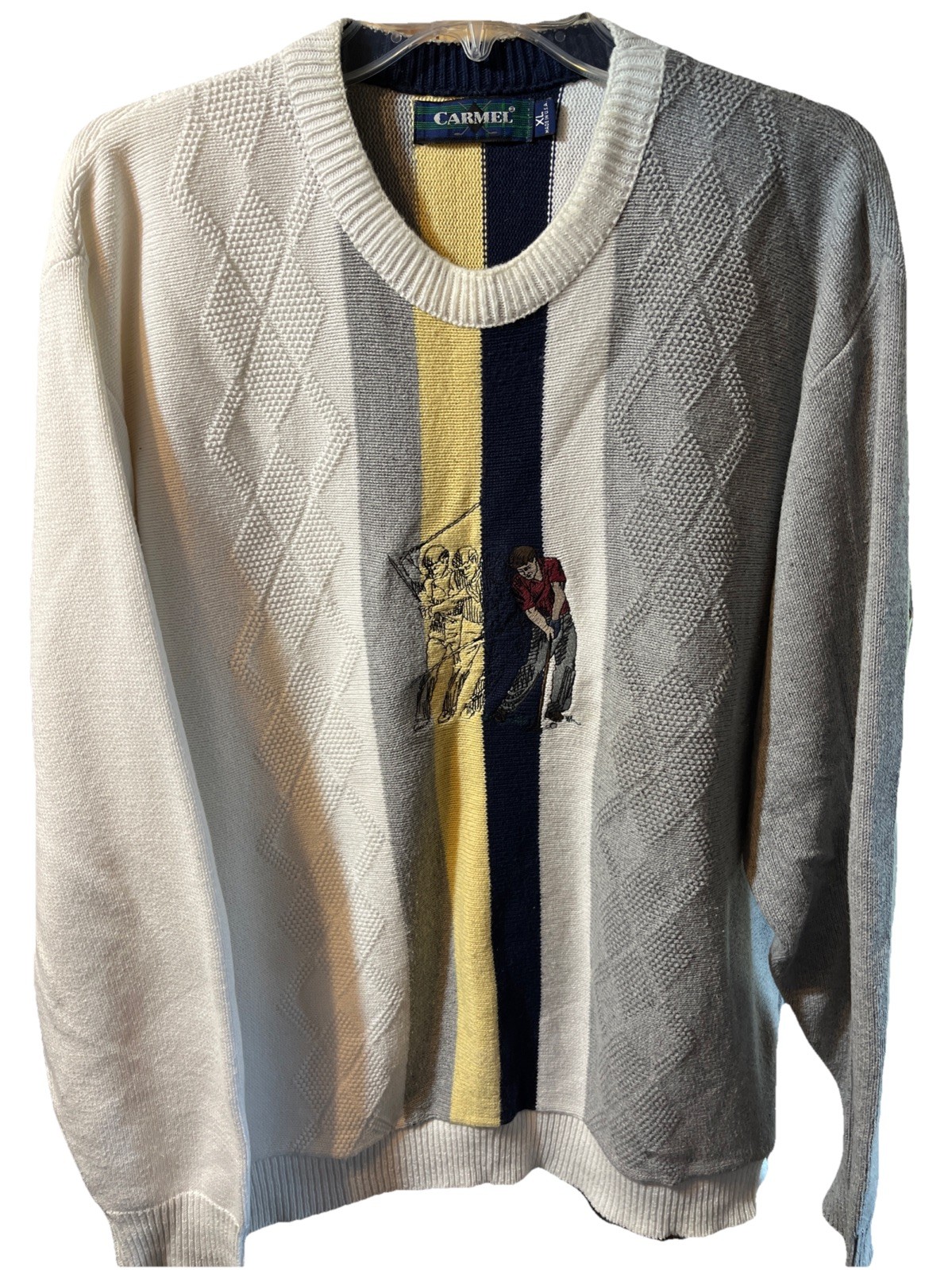 Vintage 90s Carmel Golf Embroidered Pullover Knit Sweater Size XL Gray White USA