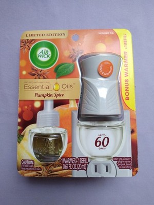 New Air Wick Plug in Scented Oil Starter Kit Warmer 1  Pumpkin Spice, Limited Ed