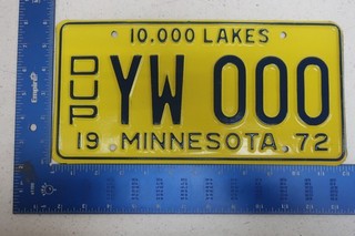 Minnesota Sample MN License Plate 1972 72 Duplicate Truck Trk YW 000 16L