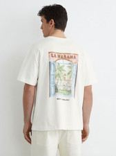 Reiss Mens Paraiso Cotton Palm-Print Relaxed /Loose Fit T-Shirt Tee in White