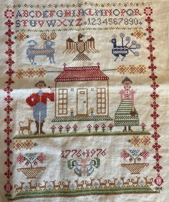 1976 Bicentennial Cross Stitch Sampler Folk Art Americana People Eagle Dog House