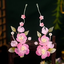 Chinese Hanfu Glass Flower Hair Clips Set Vintage Double Clip Headpiece