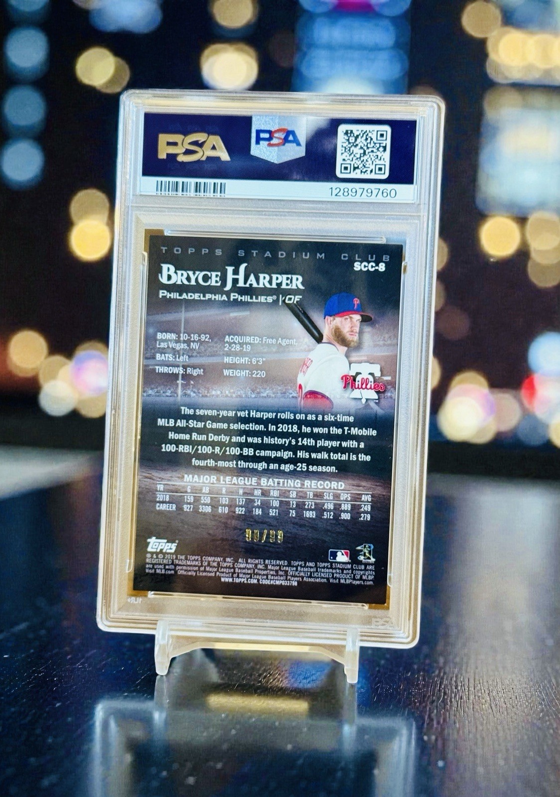 2019 Stadium Club Bryce Harper Orange /99 Refractor 1st Phillies PSA 9 POP 2! view 2