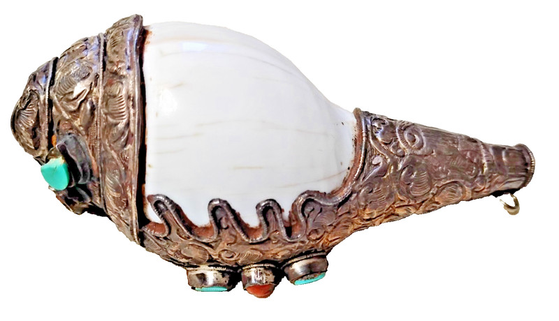 Early Decorated Tibetan Conch Shell Horn Sterling Silver and Stones