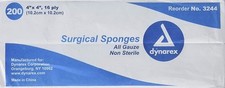 Dynarex Non Sterile Surgical Sponges All Gauze Wound Pads 4X4 16 Ply 200 Count