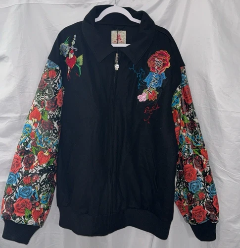 Kanji Jeans Men's Jacket Size 3XL Black Embroidered Wool Leather Vintage Y2K NEW video thumbnail
