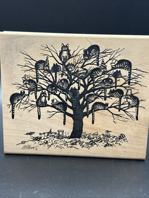 Vtg B Kliban Party Cats in Tree BK033-1600 Large Rubber Stamp Retired Rare Kitty
