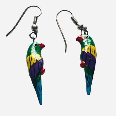 Vintage Parrot Wooden Dangle Pierced Earrings Hand Painted