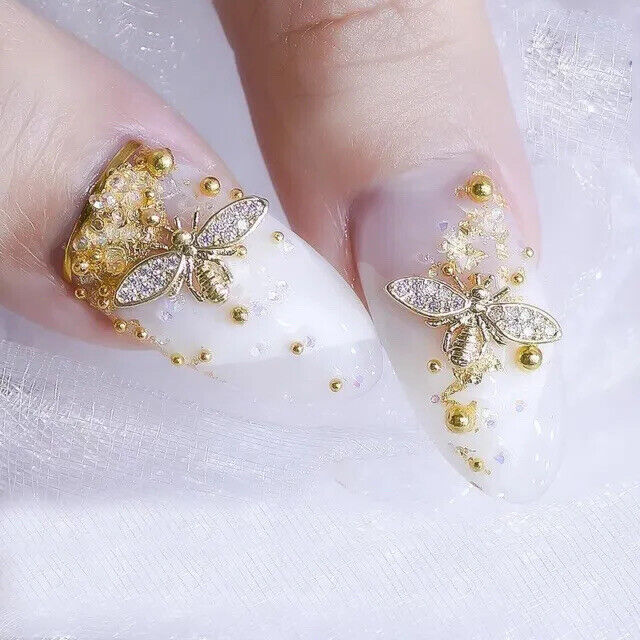 Luxurious 3D Gold Bee Nail Art Nail Gems with Silver Rhinestones