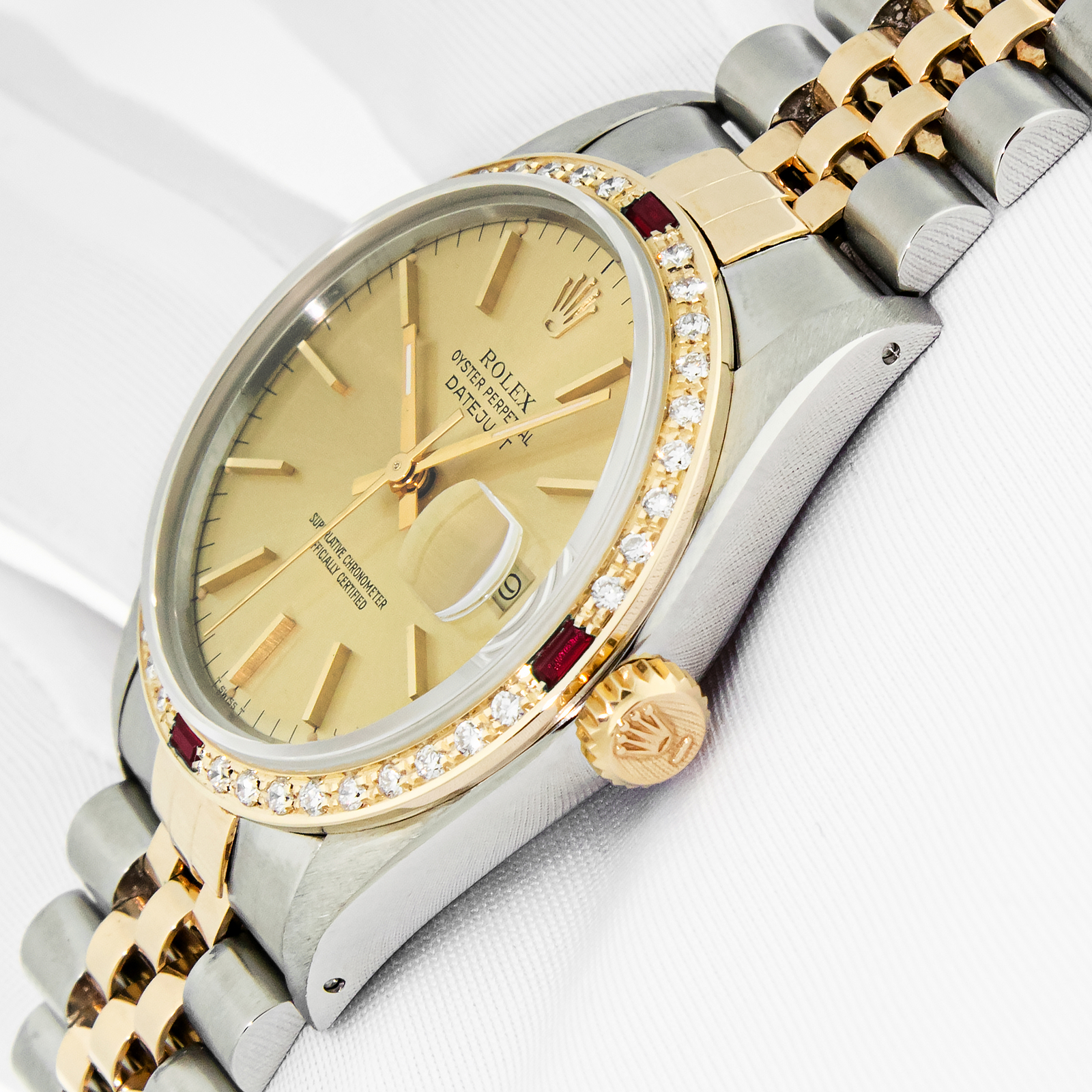 Rolex Mens Datejust Steel and 18K Gold Champagne Dial Diamond Ruby Bezel Watch image 10