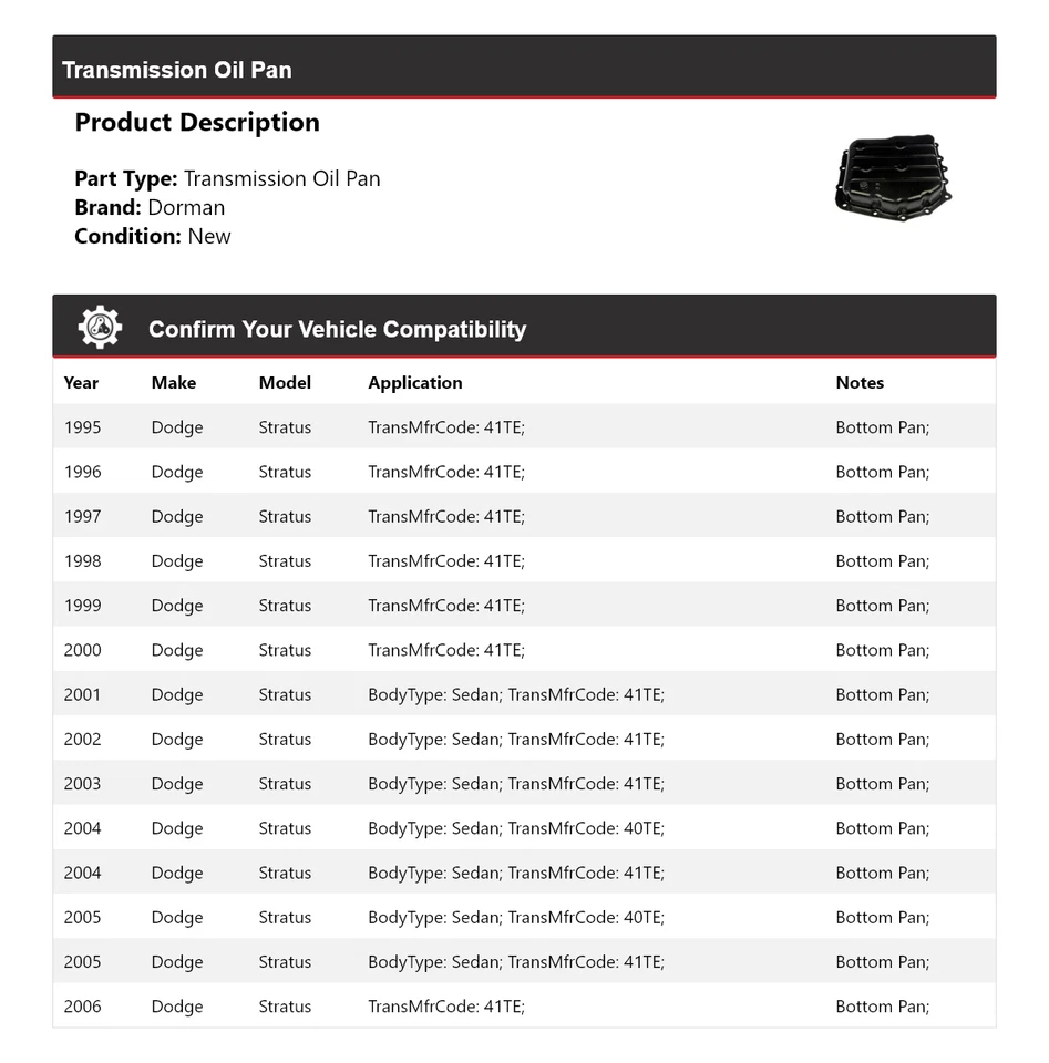 Para Dodge Stratus Dorman 1995-2006 transmisión cárter de aceite 1996 1997 1998 1999 2000 Foto 2 de 4