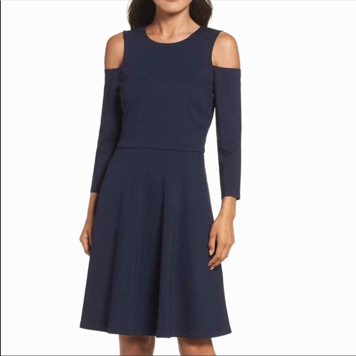 eliza j off the shoulder fit and flare dress Eliza J Off-the-Shoulder Satin Scuba Crepe Gown