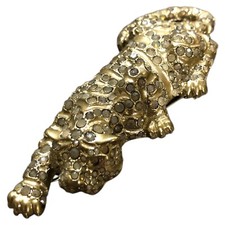 Vintage Gold Tone Big Cat Stalking Panther Cheetah Leopard Rhinestone Pin Brooch