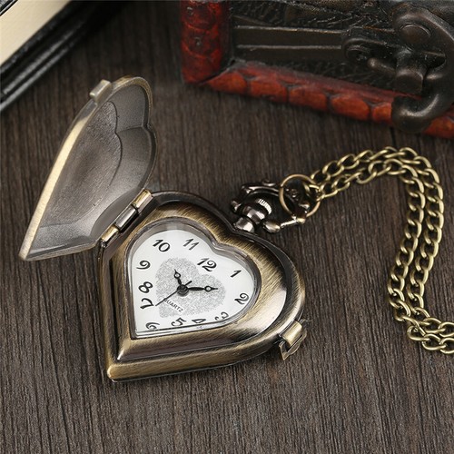 Vintage Quartz Pocket Watch Gift Half Hunter Chain Heart Shape Girl Bronze Retro - Picture 12 of 12