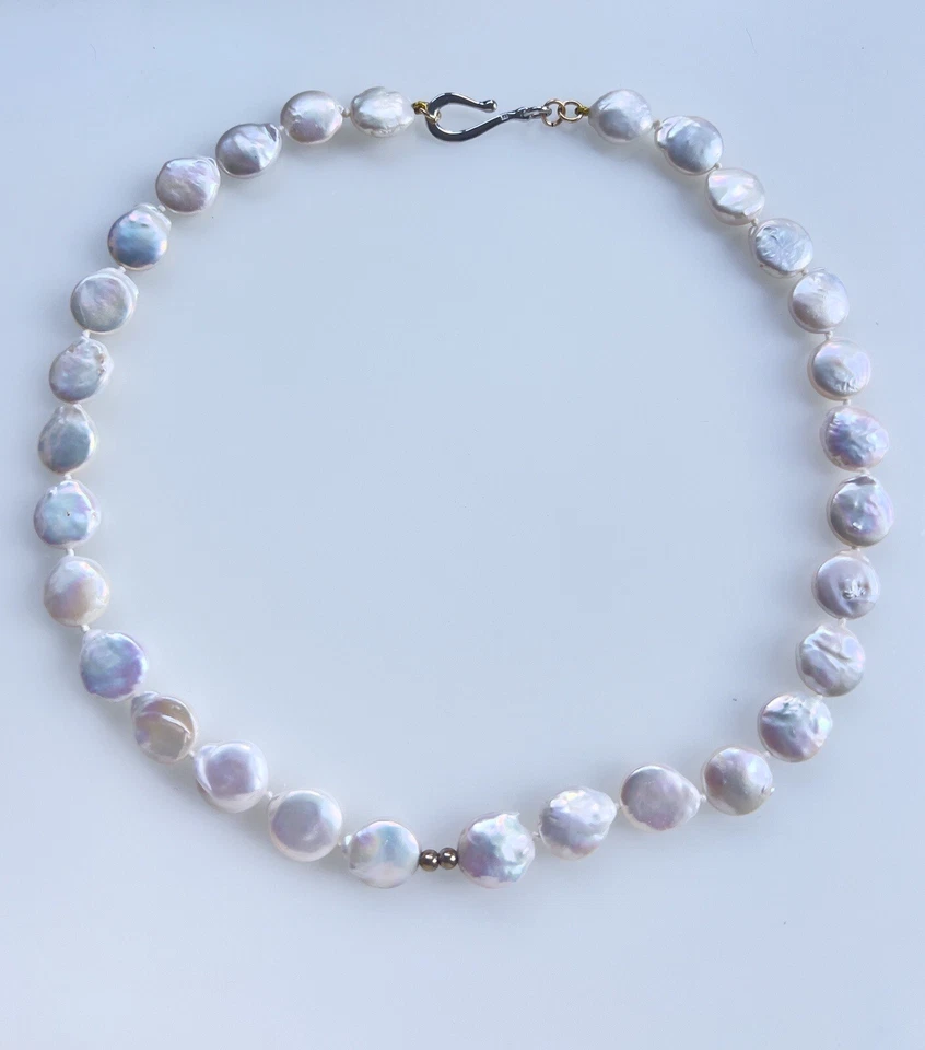 Collar de perlas moneda iridiscente redondo plano plata esterlina 19,5" vintage Estate Foto 3 de 4