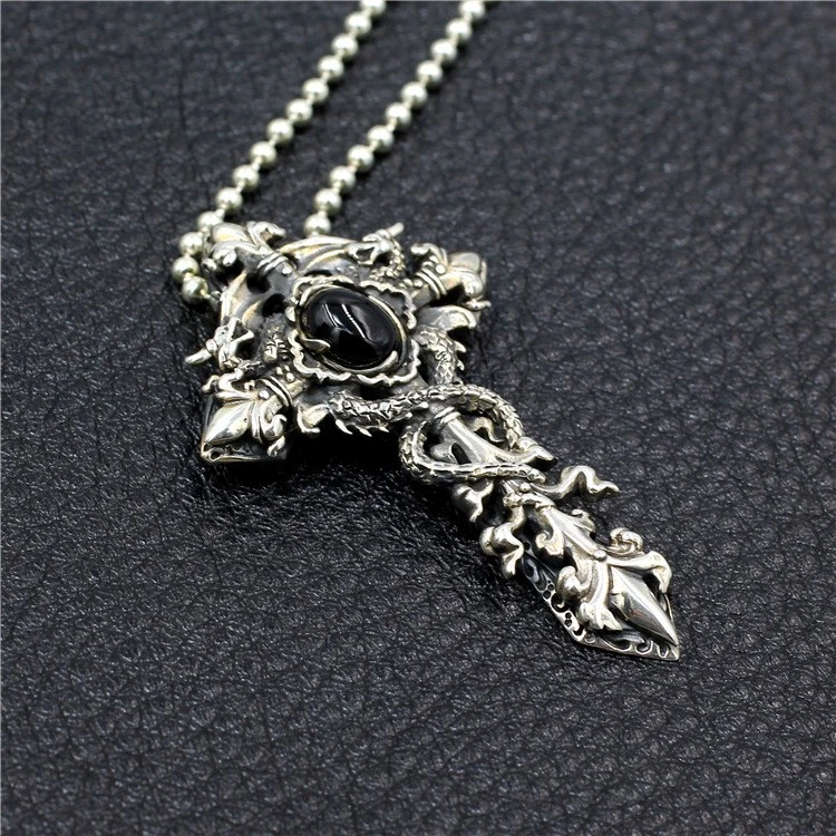 Colgante Cruz Cuerda Dragón Doble Pesado S925 Plata Gótico Negro Ónix Motociclista Amuleto Foto 3 de 4