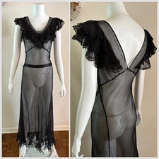 1930s Sheer Black Bias Cut Slip Dress w Belt & Apron Net Gauze Chiffon Gown VTG