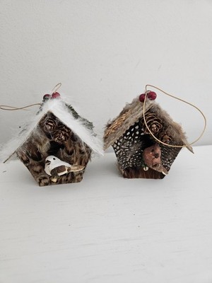 Vintage Bird Birdhouse Feathers Nature Rustic Christmas Tree Ornaments Set Of 2