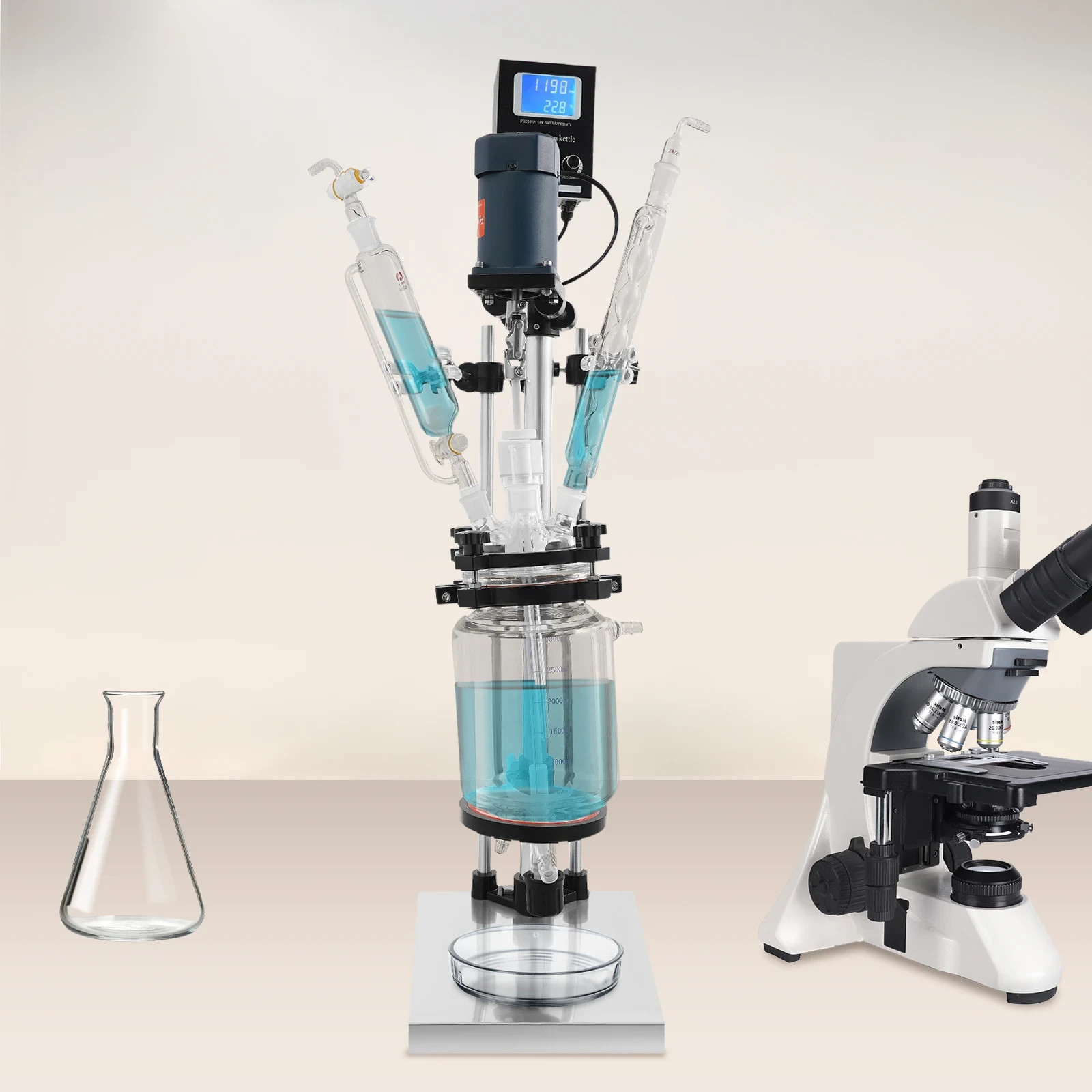 3L Double-Layer Glass Reactor 90w Heating Mixing Reactor Lcd Lab Bioreactor