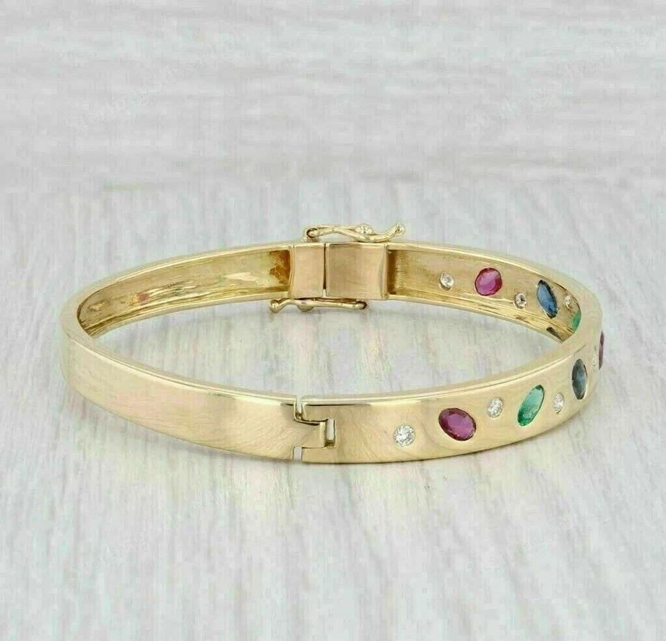 5CT Oval Lab Created Multicolor Women Bangle Bracelet 14K Yellow Gold Plated 7" - Image 2 of 3