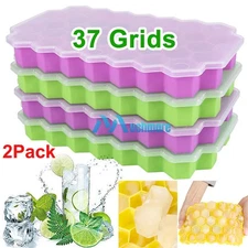 2x 37 Grids Silicone Ice Cube tray Honeycomb Trays Silicone Bar Whiskey With Lid