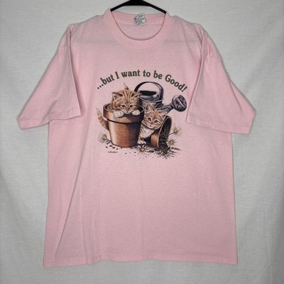 Vintage 90s Cal Cru But I Want To Be Good Pink Cat Tshirt Sz XL Made in USA