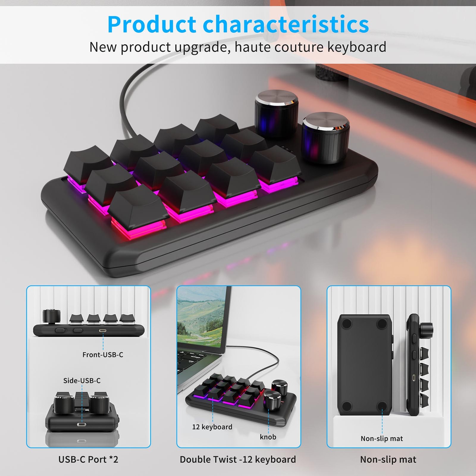 Wireless One Handed Gaming Keyboard Custom Macro Keyboard 12-Key UwBT Red PDJC