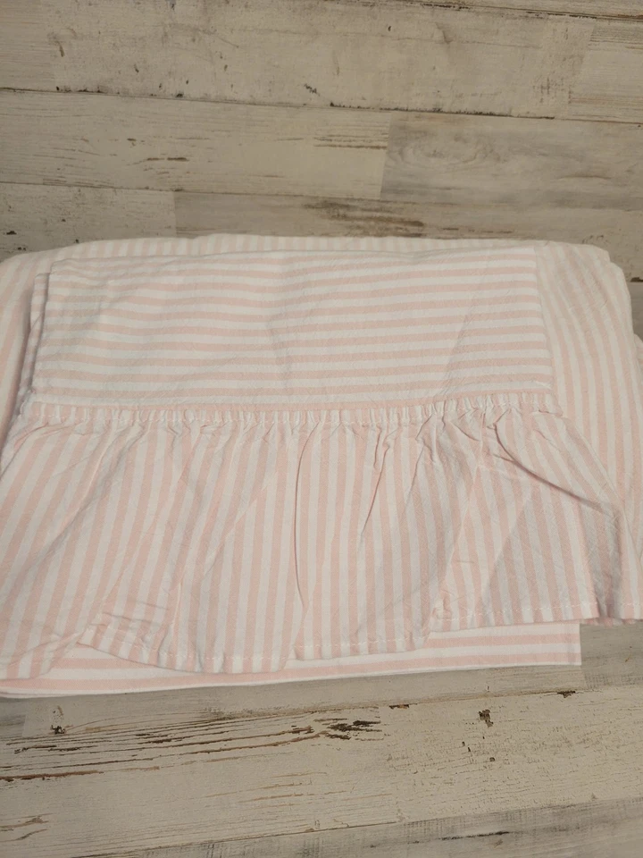 Pottery Barn 青少年水洗棉荷叶边条纹床单套装 TWIN/XL 粉状腮红 — 第 3/3 张图片