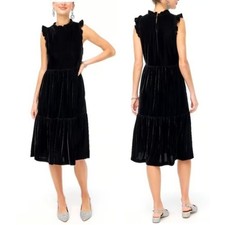 J. Crew Velvet Sleeveless Ruffle Trim Tiered A-Line Midi Dress Black BM066 SZ 2