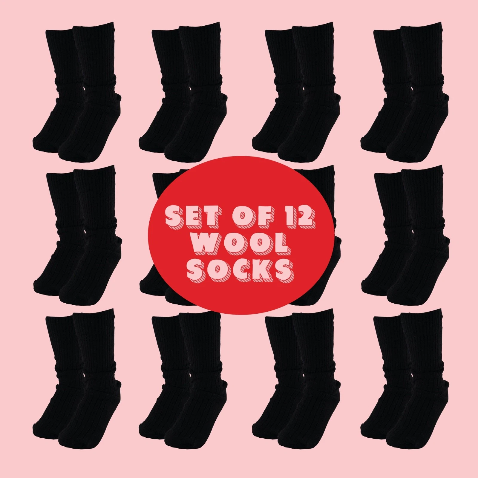 Bulk Black Wool Socks, 12 Pair, Ribbed Hosiery, Bundle Women Sock US Women 7-11