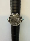 Vintage Silver 925 Navajo 1937 Indian Head Nickle Turquoise Ring Signed BBJ Sz 8