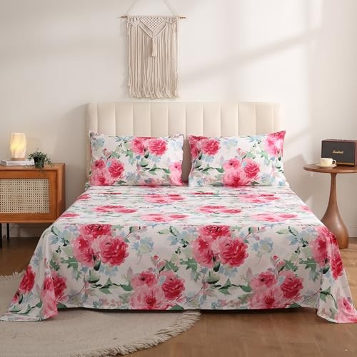 JSD Floral Print Sheet Set Queen, 4 Piece Brushed Microfiber Hotel ...