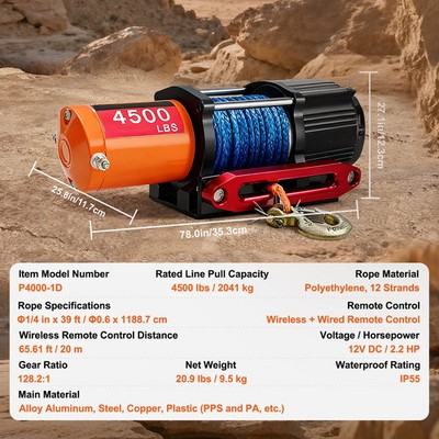 3000-4500lbs Electric Winch Kit IP55 Waterproof ATV/UTV/Jeep 39ft Synthetic Rope
