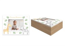 Baby Wooden Keepsake Precious Memories Box Photo Animal Safari White Green
