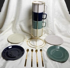 Colorful Ceramic Espresso Cups & Gold Metal Stand & Gold Metal Spoons (Set of 4)