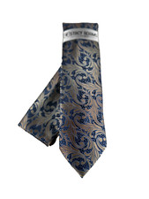Stacy Adams Men's Tie Hanky Set Royal Blue Beige Paisley Hand Made 3.25" Wide