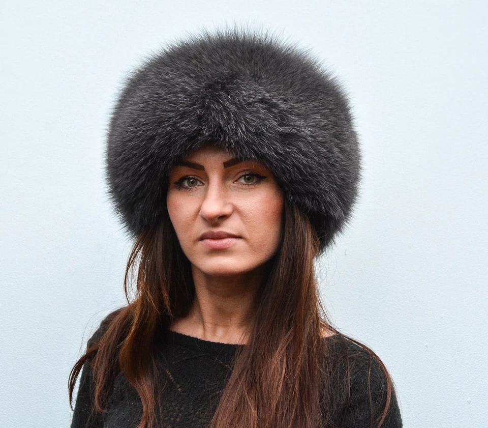 Saga Furs Granite Gray Fox Fur & Black Suede Leather Women's Winter Roller Hat - Image 2 of 4