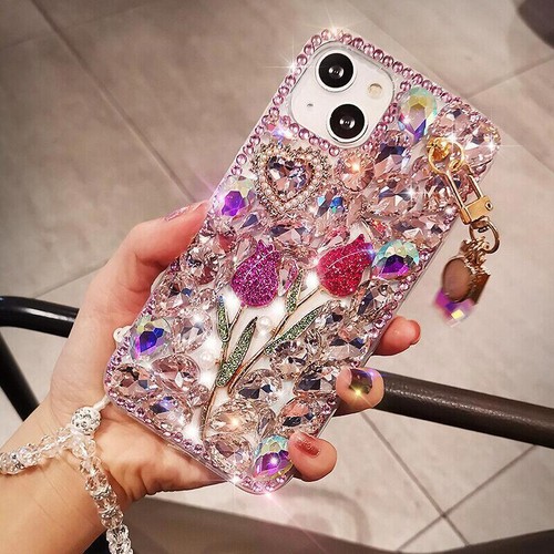 Für Samsung S24 S25 Ultra FE A55 A35 Bling Diamond Strass Rose Hülle mit Band - Bild 13 von 15