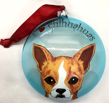 Chihuahuas Glass Pillow Christmas Tree Ornament Red Ribbon Hanger 5" Round